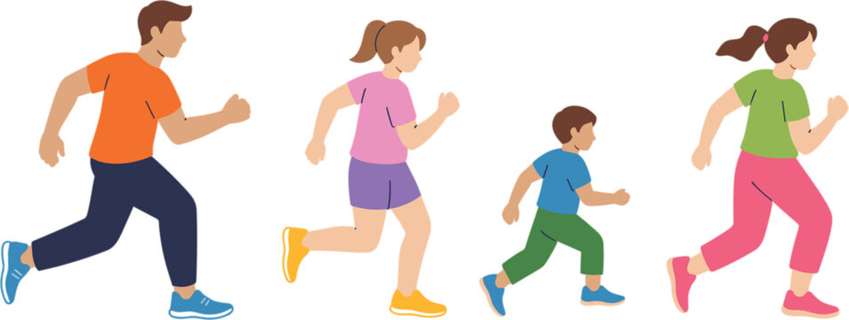 Family running together vector illustration with active parents and children isolated healthy lifestyle fitness design artwork collection