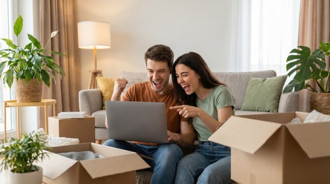 Excited young couple sitting on floor with moving boxes cheering at laptop in their new sunny modern home.
