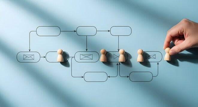 Business workflow and human resource management. Email communication and logic. Hand placing a wooden peg person on a flow chart with message icons.