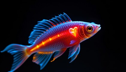 Fototapeta premium The image features a brightly colored fish with glowing, neon like hues against a dark background