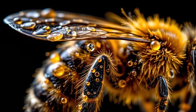 The image features a close up view of a bee covered in numerous water droplets, which adds a glossy and textured appearance to its body and wings