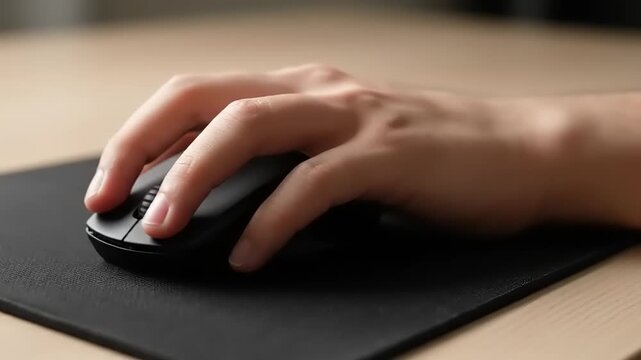 Close-up of a hand using a computer mouse on a desk.