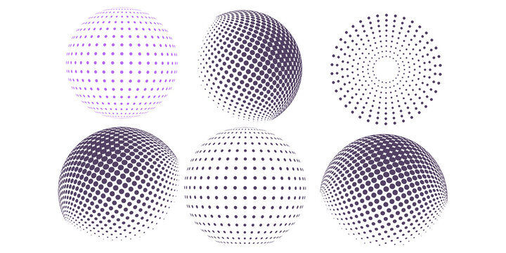 Abstract dotted sphere collection featuring futuristic halftone globes and geometric circular patterns isolated on white background. Modern  dot gradient orbs with digital mesh style for technology 