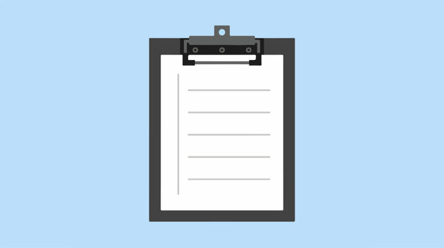 Black clipboard with lined white paper on blue background.