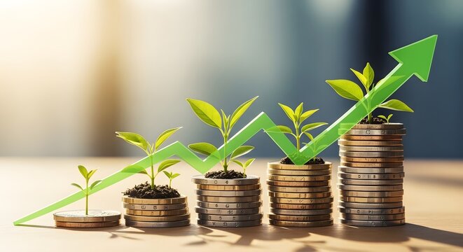 Compound interest and financial portfolio growth. Investment strategy and savings plan. Green arrow graph rising over increasing stacks of coins with small sprouts growing on top