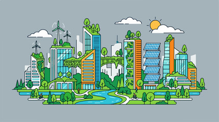 Obraz premium Eco friendly modern city skyline with green buildings and renewable energy sources.