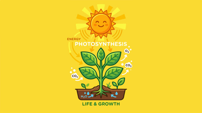 Educational Illustration of Photosynthesis Process with Plant and Sun.