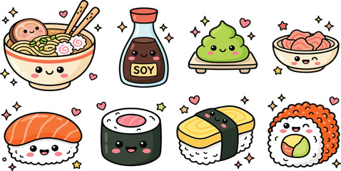 Cute Kawaii Japanese Food Vector Sticker Set Featuring Ramen Sushi Roll Nigiri Soy Sauce Wasabi and Ginger for Restaurant Menu and Planner Designs © Forida
