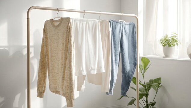 Ropa blanca y prendas de moda casual como camisas y faldas colgadas en un armario o tendedero de una tienda interior de venta al por menor y almacenamiento de textiles