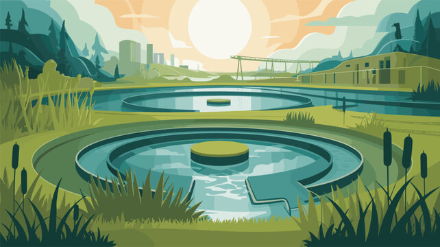 Water purification facility with circular aeration tanks is integrated into a natural green landscape during a bright sunny morning.