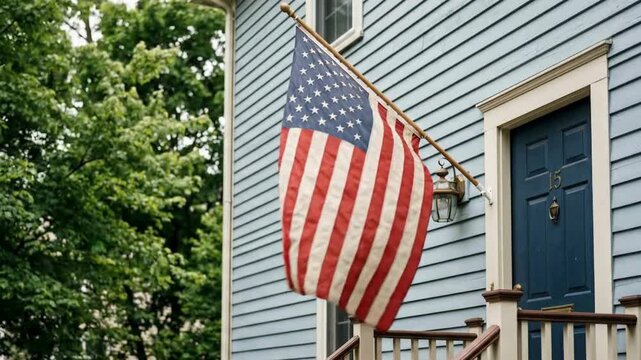 American flag hanging on a house with blue door and siding
