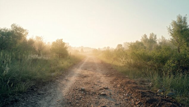 Carretera oto&ntilde;al entre el bosque y la niebla al atardecer