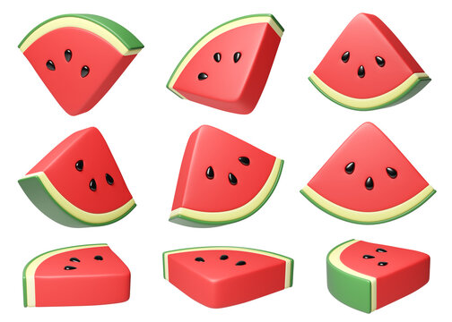 Set of 3D red Watermelon slice from different angles, isolated on background. Fruit icon in Cartoon style for summer, food, tropical, design, banner. 3d render
