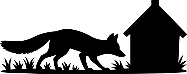 Minimalist Black Silhouette of a Wild Fox Sneaking Towards a Small House in the Grass Vector Illustration © Rezowan 