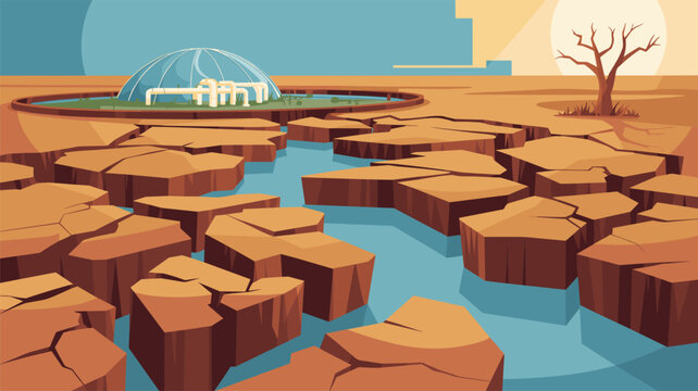 Advanced glass dome greenhouse sits near a water source amidst a severely cracked and dry desert landscape under a harsh sun.