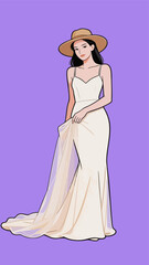 Fototapeta premium Elegant illustrated woman wearing slip wedding dress and sun hat