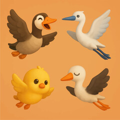 Obraz premium Four cute cartoon birds flying on plain background. Suitable for childrens book illustrations, greeting cards, and naturethemed designs.