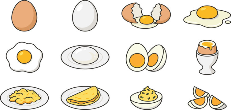 Egg Cooking Methods Vector Set Featuring Raw Cracked Fried Hard Boiled Scrambled Omelet and Deviled Eggs on Plates for Breakfast Culinary Designs