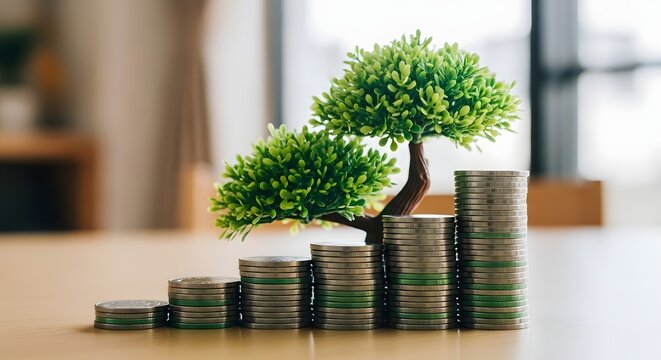 Growing tree emerging from rising stacks of silver coins. Financial investment and wealth accumulation. Small bonsai tree placed on escalating piles of money