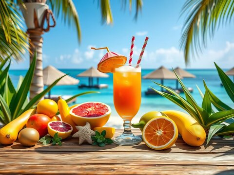 A tropical paradise with a wooden table and a refreshing summer drink featuring sea life-style objects, surrounded by fresh fruit, beach, wooden table