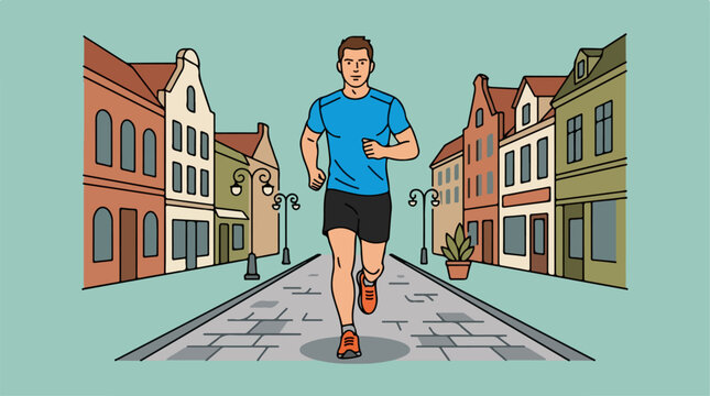 Illustration of a man jogging down a cobblestone street in a European town.