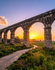 Fototapeta premium A serene stone bridge spans over a winding path at sunset