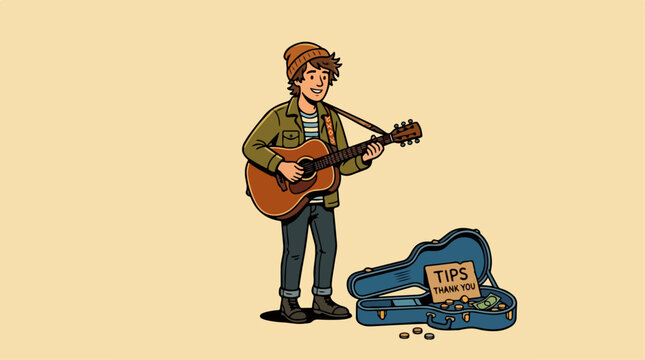 Illustration of a young street performer playing guitar with a tip jar.