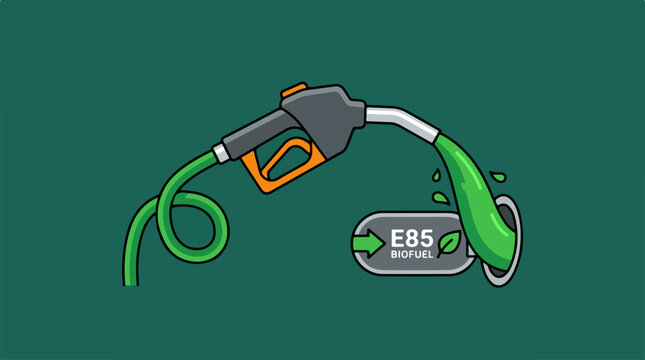 Illustration of E85 biofuel pump nozzle dispensing sustainable green fuel.
