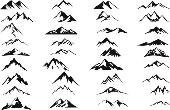Minimal mountain silhouette collection featuring hand drawn peak landscapes and abstract alpine ridge illustrations isolated on white background. Artistic black mountain range set with sketch style co