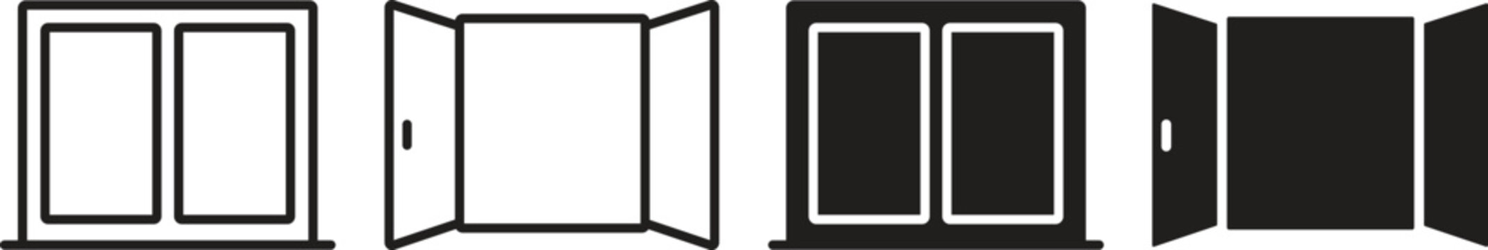 Window icon set with open and closed variations in line outline and silhouette styles