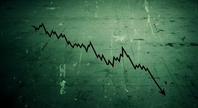 Financial loss and stock market crash concept. Economic recession and bankruptcy. Black declining arrow chart on a green grunge texture background