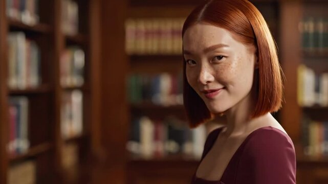 Hot model with copper bob haircut, delicate freckles, burgundy square neck dress and warm library backdrop creating refined intellectual beauty portrait with soft confident smile and bookish mood