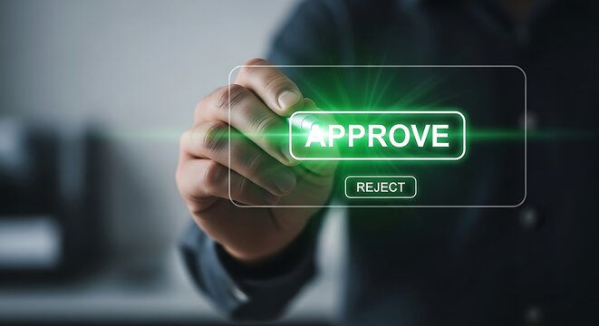 Hand approving a digital button on a futuristic interface with approval interface touchscreen technology futuristic decision