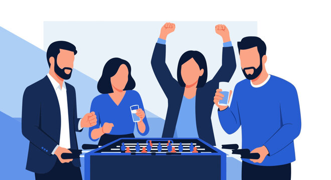Colleagues gather around a foosball table for a lively team celebration with drinks