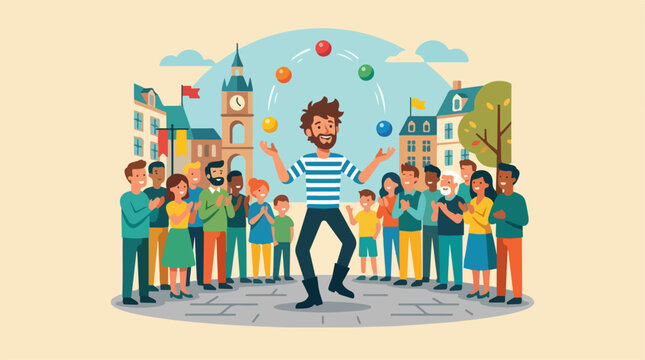 Street performer juggling balls for a crowd of happy people.