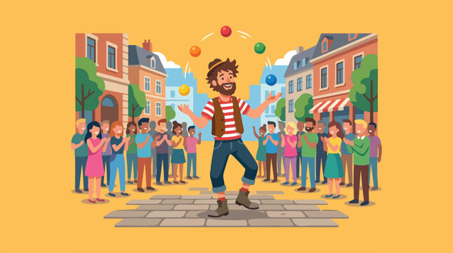 Street performer juggling balls for a cheering crowd in a European town square.