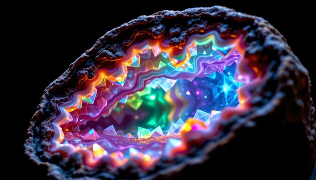 The image features a close up of a geode with a dark, rough outer surface that contrasts sharply with its vibrant, glowing interior