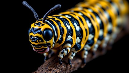 Fototapeta premium The image features a close up of a vividly colored caterpillar with striking yellow and black stripes running along its elongated body