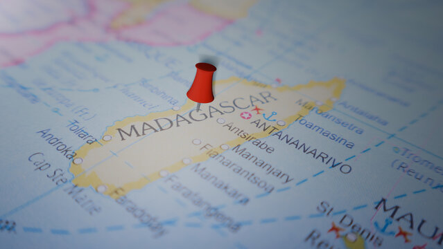 Red pin on Madagascar map, Antananarivo capital marked, travel destination, island geography, Africa