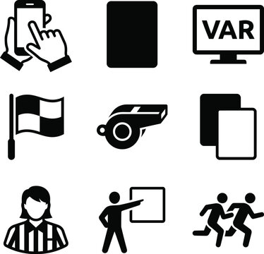Sports icons set including referee finish line and var technology