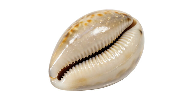 A natural textured glossy cowrie sea shell with elegant brown patterns isolated on transparent background cut out