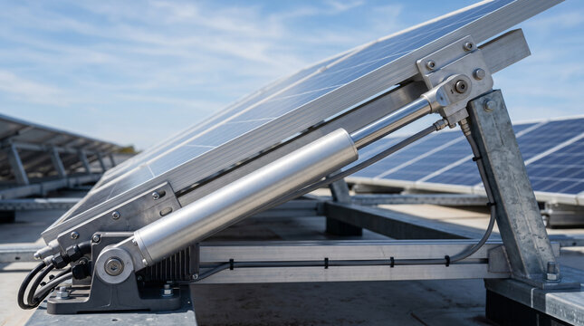 Close-up of adjustable solar panel hinge and support mechanism on rooftop installation