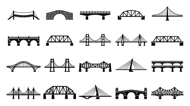 Bridge icon set with vintage line art and geometric truss bridge silhouettes for transport and infrastructure graphics
