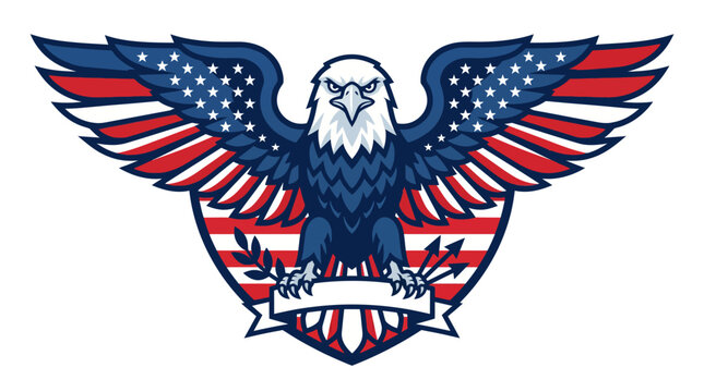 American eagle illustration with flag wings and banner on white background, symbolizing freedom and patriotism.