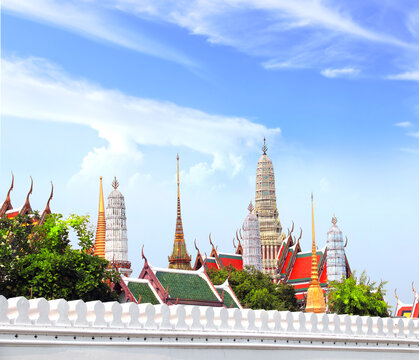 Stupas and ancient pavilion in Wat Pho (Temple of the Reclining Buddha, Wat Phra Chetuphon) complex, sightseeing landmark of Bangkok, Thailand. Topic of vacation, travel, trip, cruises, tour