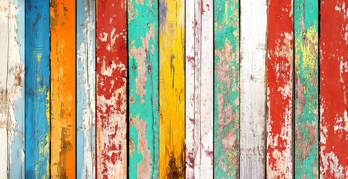 Texture of vintage wood board with cracked paint in various hues. Horizontal retro background with wooden plank with old paint of different color. Full pattern for banner or skinali with wood panels