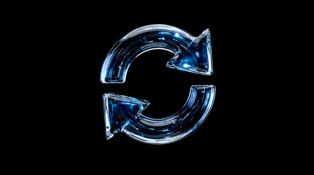 glowing transparent glass reload arrows symbol black background overlay loop cycle sign pure clear water liquid recycling ecology eco friendly concept design