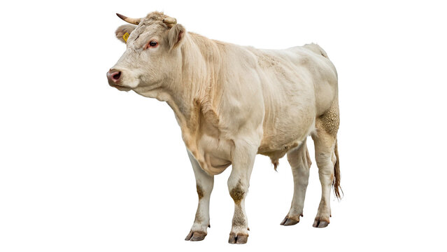 A domestic white cow farm livestock animal standing side view profile looking forward isolated on transparent background cut out