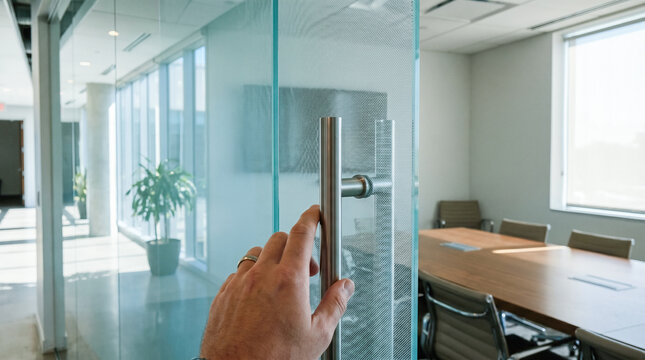 Close up male hand grabbing heavy metal handle opening textured glass door entering empty modern bright corporate business office room