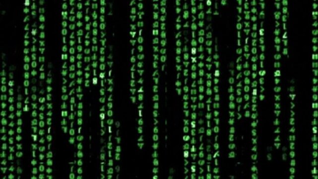 Digital rain of green binary code.